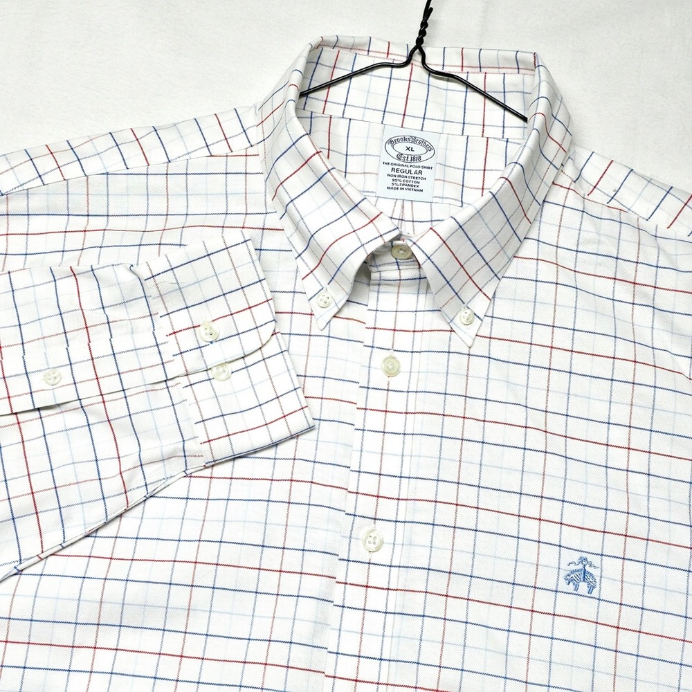 Brooks Brothers Shirt Mens XL White Red Blue Tattersall Non-Iron Stretch Regular